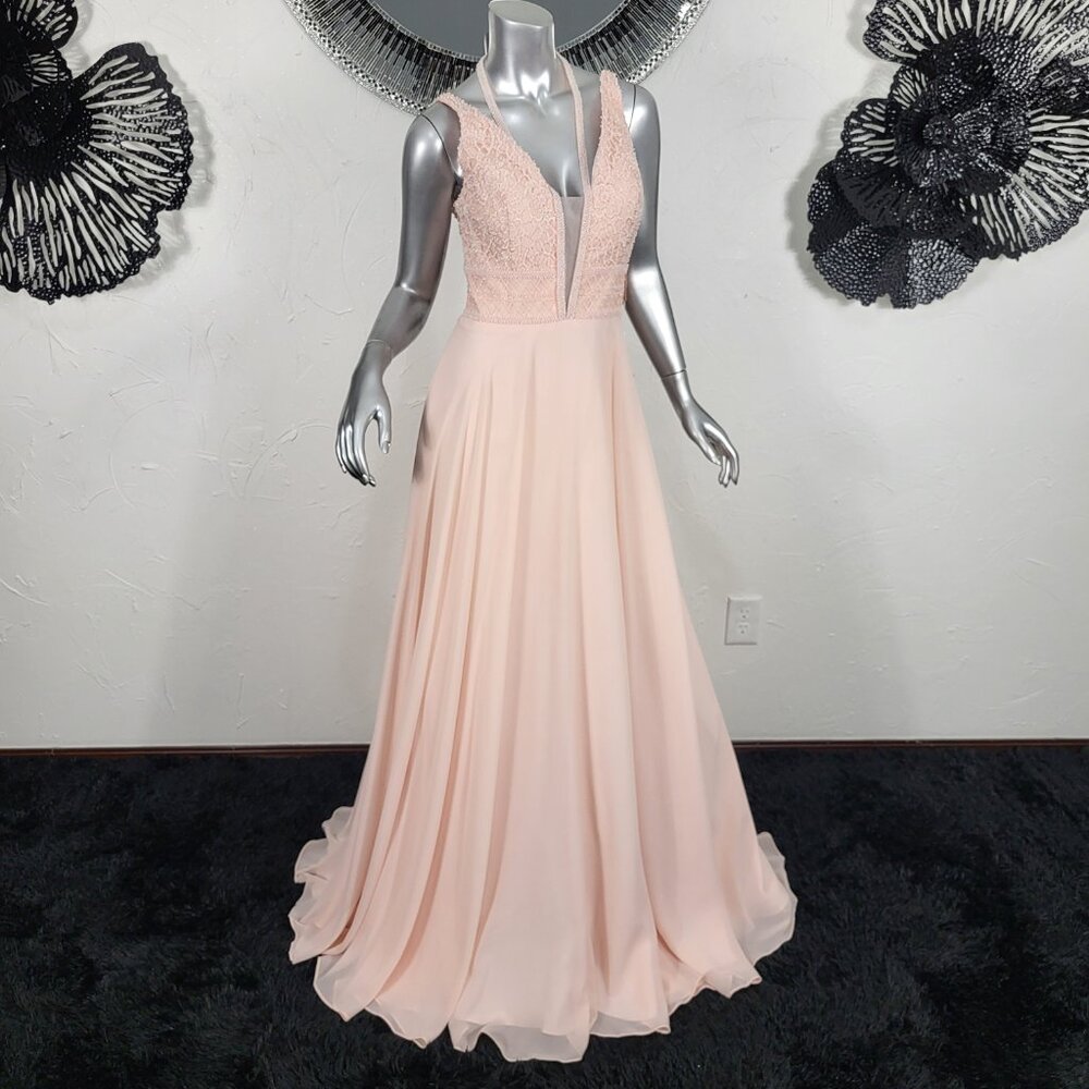 NWT~$335~COLORS~SZ 8/10~PEACH BEADED EVENING GOWN FIT & FLARE MAXI PROM DRESS